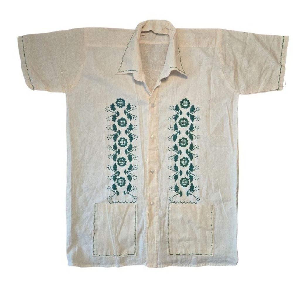 Vintage Handmade‎ Guayabera Folklore Floral Bordado Manta Top Patch Pockets Boho